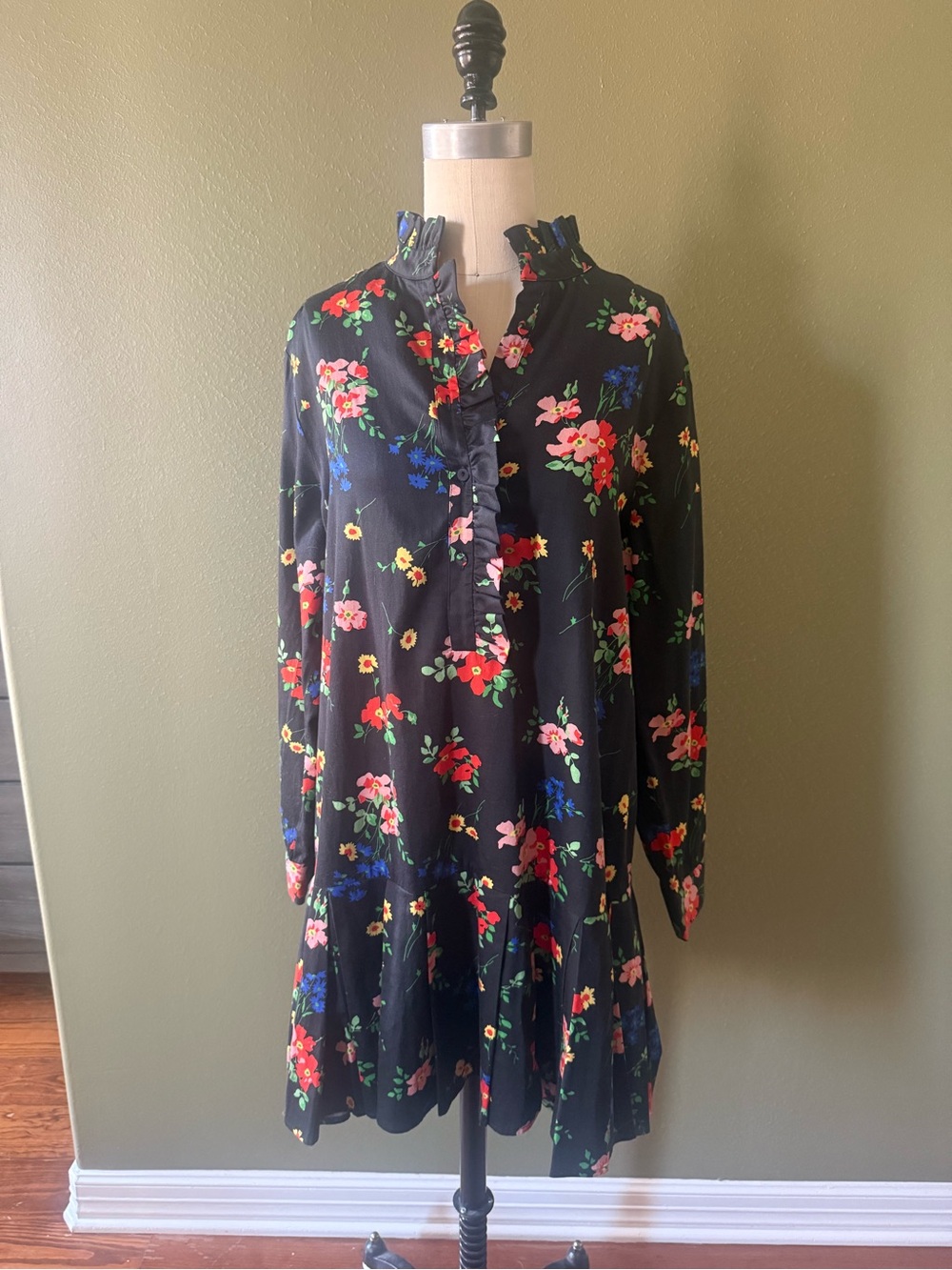 Tuckernuck Black Floral Ruffle-Neck Long Sleeve Dress